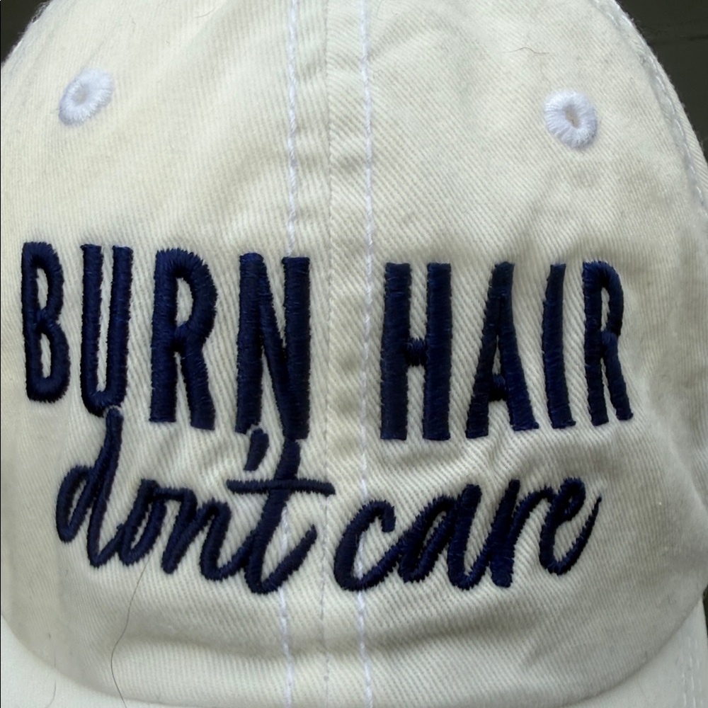 "Burn Hair Don't Care" White Baseball Cap - Picture 3 of 4